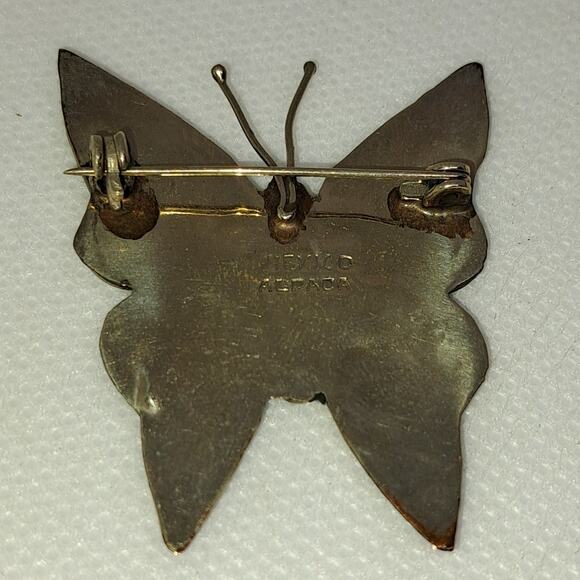 Vintage inlay abalone shell  butterfly brooch stamped Alpaca Mexico setting - Picture 3 of 7